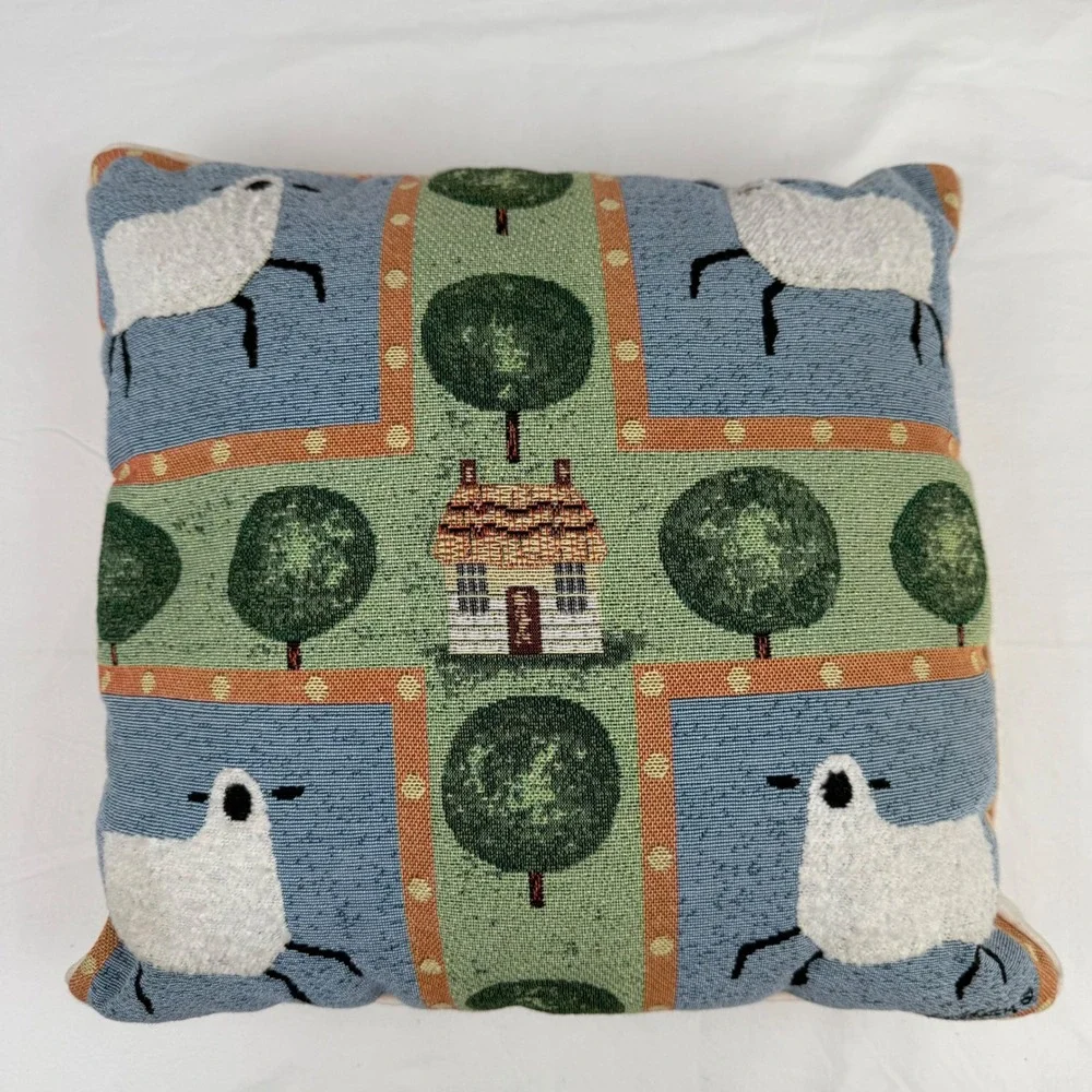 Vintage Tapestry Sheep Cottage Throw Pillow Country Farmhouse Decor 17x17